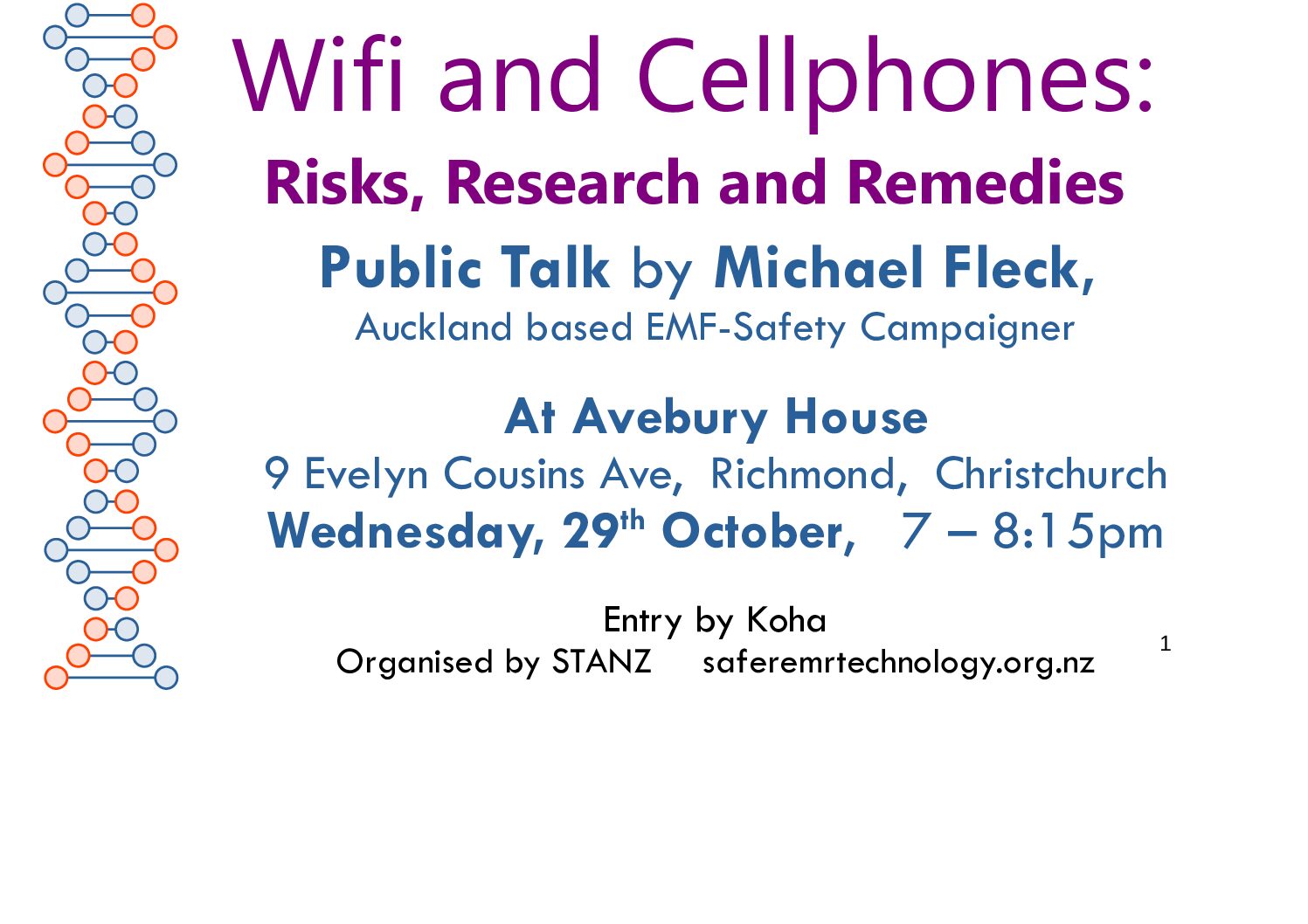 Wifi and Cellphones: Risks, Research and Remedies Public Talk by Michael Fleck – Wednesday 29th October